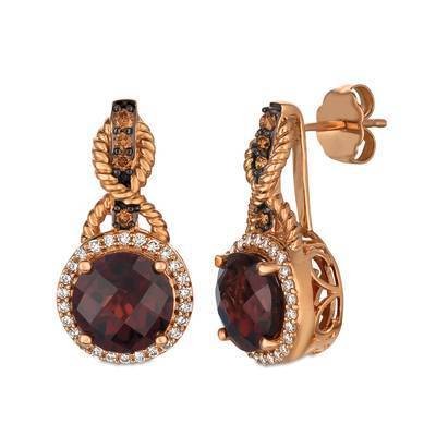 LeVian 14K Strawberry Gold® Pomegranate Garnet 4 1/2 cttw Earrings with Chocolate Diamonds® 1/8 cttw, Vanilla Diamonds® 1/4 cttw