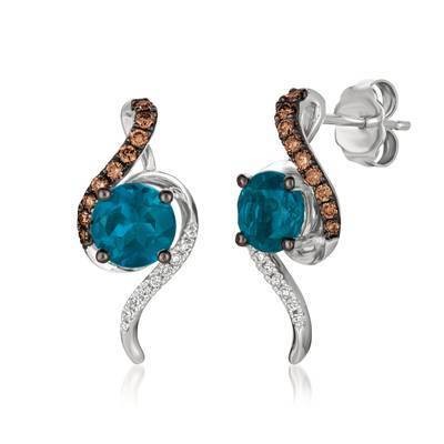 LeVian 14K Vanilla Gold® 1 5/8cttw Deep Sea Blue Topaz  Earrings with Chocolate Diamonds® 1/6 cttw, Vanilla Diamonds® 1/20 cttw