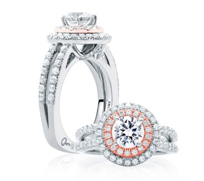 A. Jaffe Double Halo Rose Gold Diamond Split Shank Engagement Ring