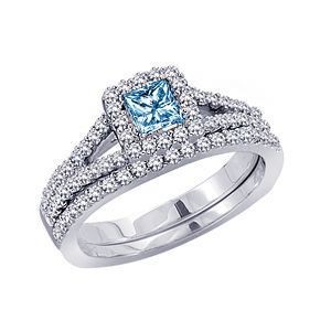 1 Carat Blue Diamond Wedding Set in 14k White Gold