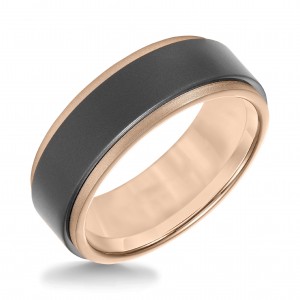 18k Rose Gold with Step Edge Band with Raw Matte Gray Tungsten Insert