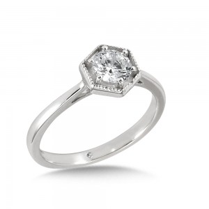 Six Prong Diamond Engagement Ring with Plain Hexagon Halo