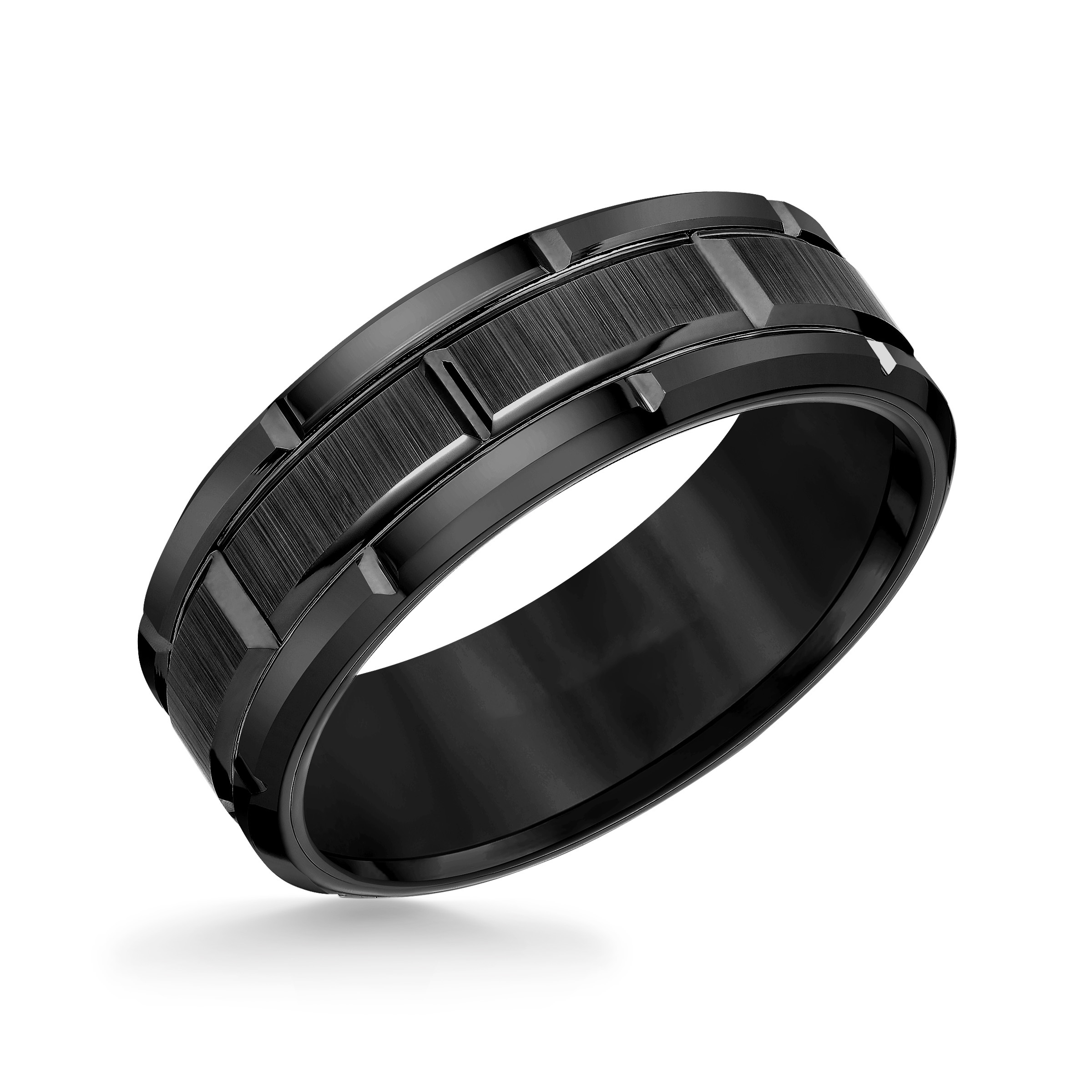 Black Tungsten Carbide Flat Edge Brick Pattern Center Wedding Band