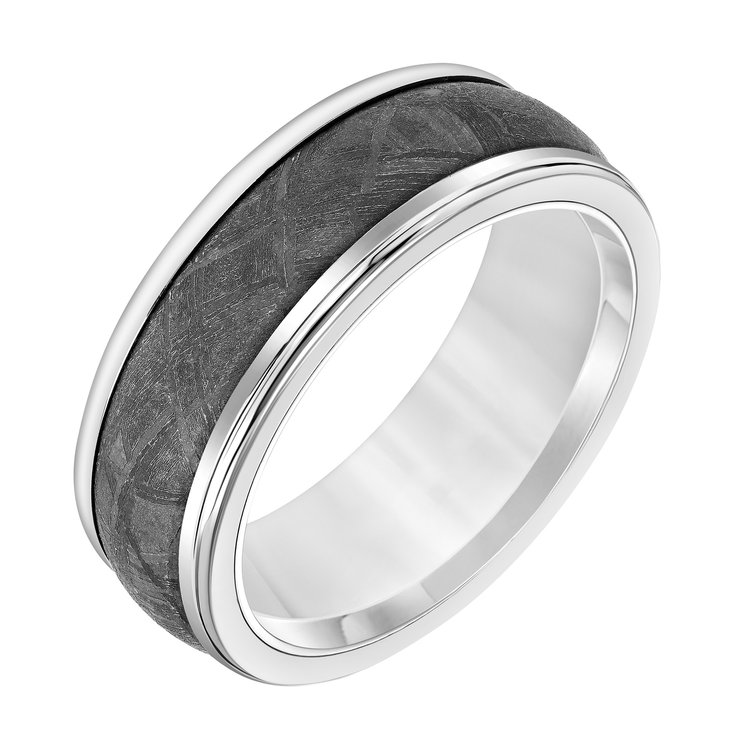 White Tungsten Carbide Band with Meteorite Center