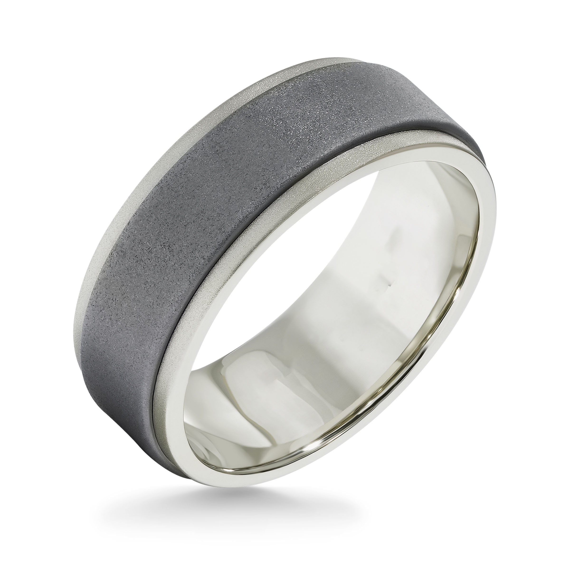 18k White Gold with Step Edge Band with Raw Matte Gray Tungsten Insert