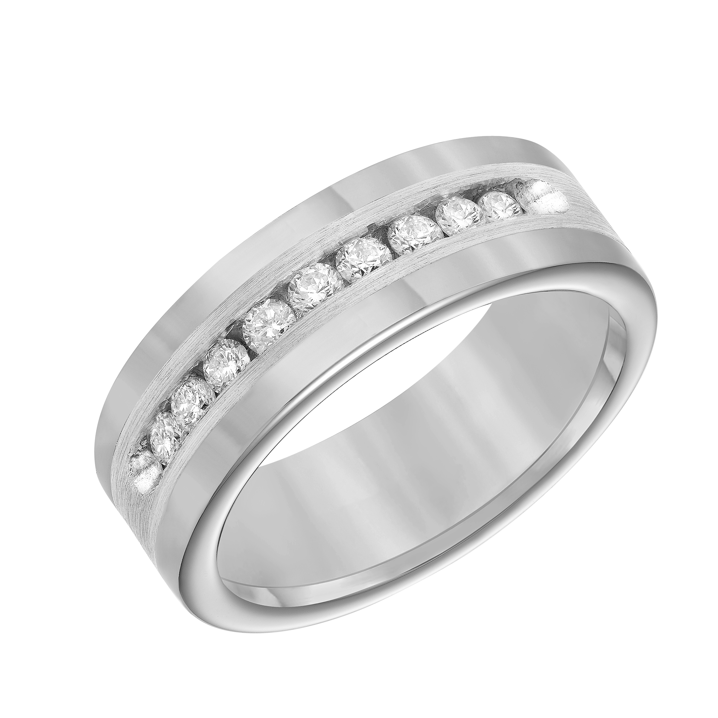 Tungsten Carbide Band with Satin Finish Silver Inlay and Channel Set Diamonds
