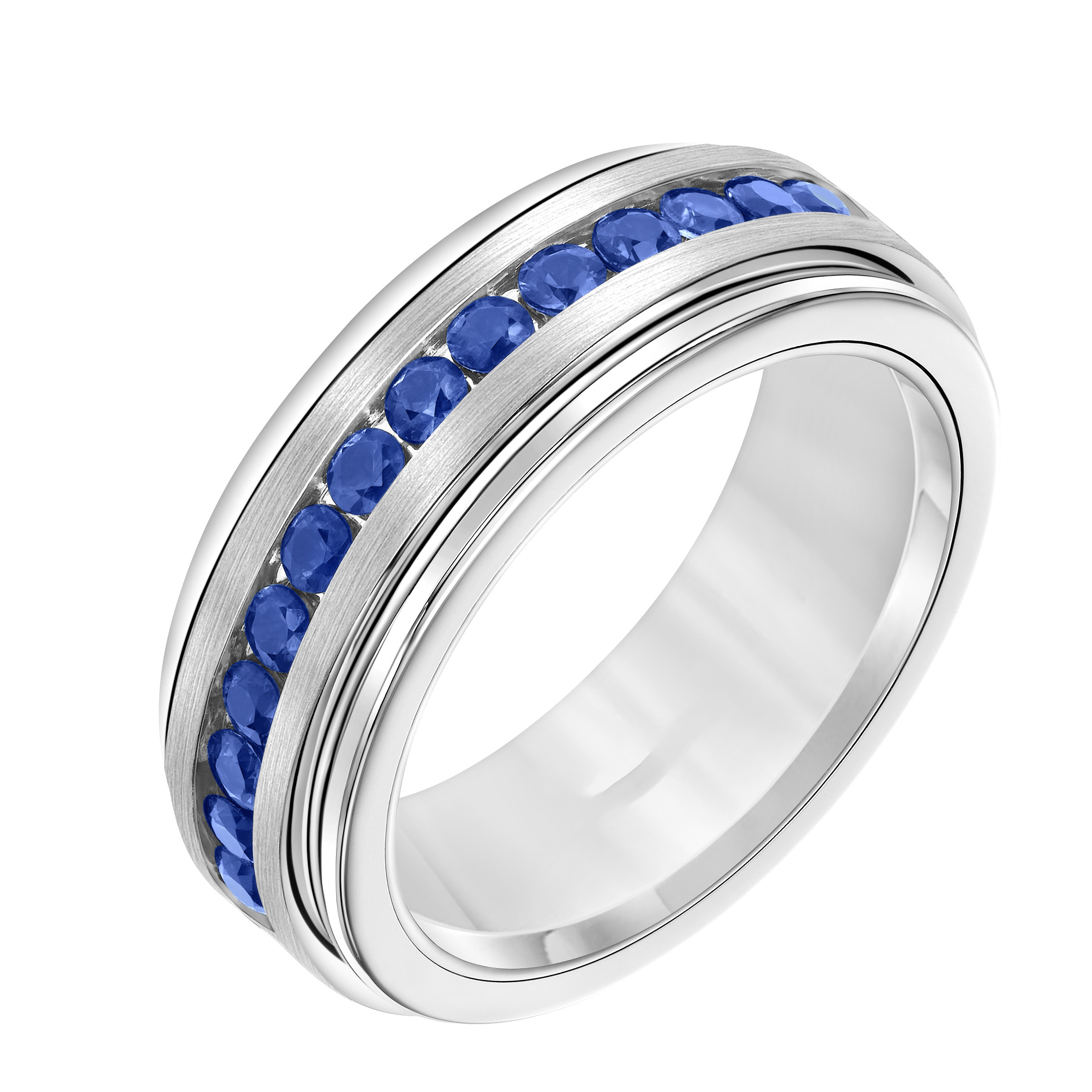 White Tungsten Carbide Ring with Blue Sapphires