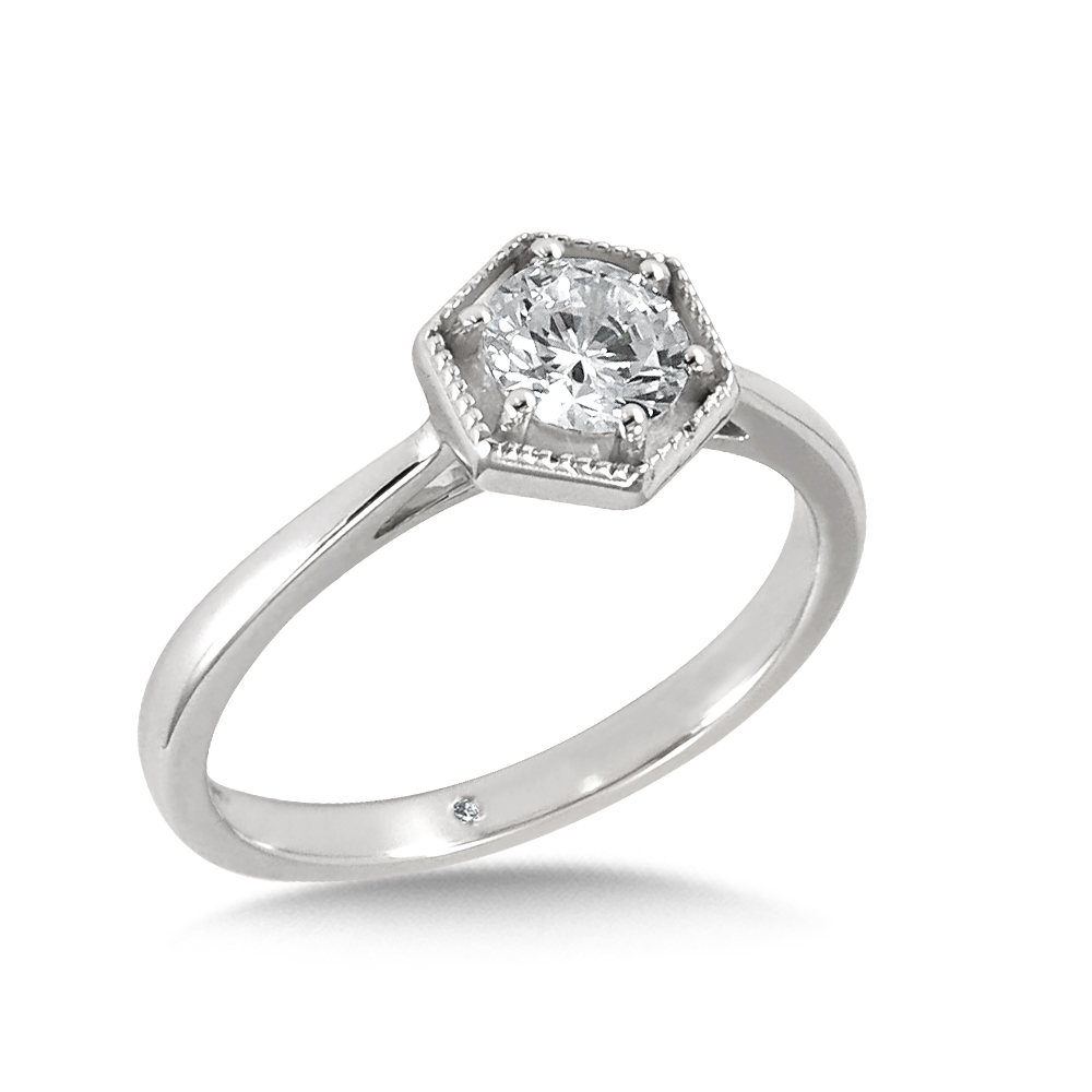 Six Prong Diamond Engagement Ring with Plain Hexagon Halo