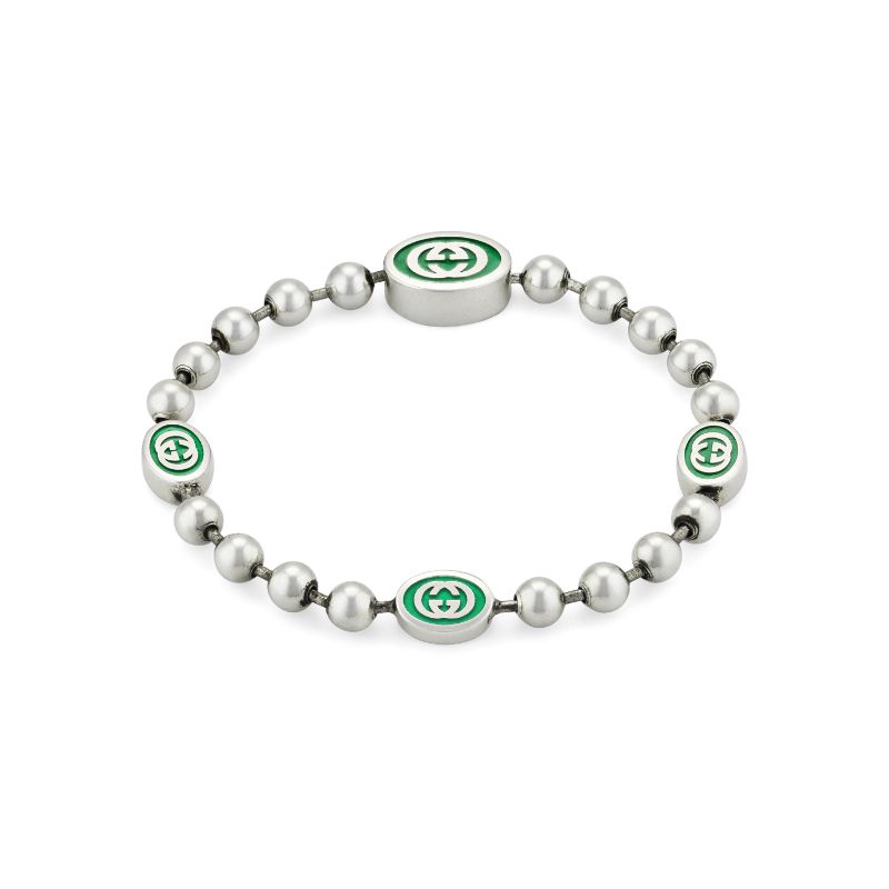 Gucci Interlocking G Bracelet in Green Enamel with Bead Chain