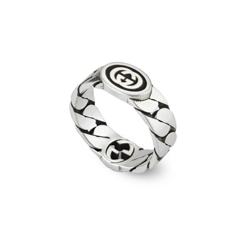 Gucci Interlocking G Gourmette Ring with Black Enamel