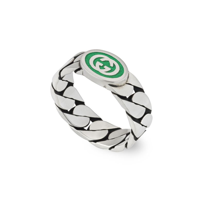 Gucci Interlocking G Gourmette Ring with Black Enamel