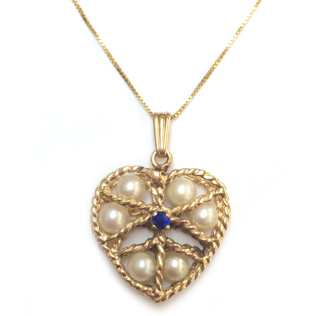 14K Pearl Sapphire Heart Pendant