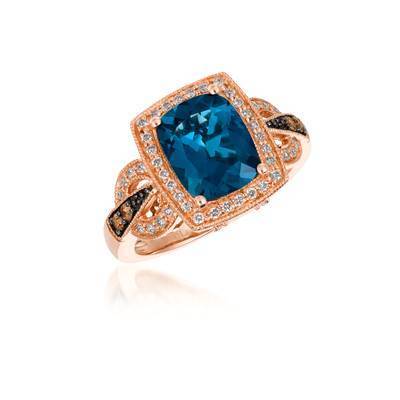 LeVian 14K Strawberry Gold® Deep Sea Blue Topaz 3 ct Ring with Chocolate Diamonds® 1/15 cttw and Vanilla Diamonds® 1/4 cttw