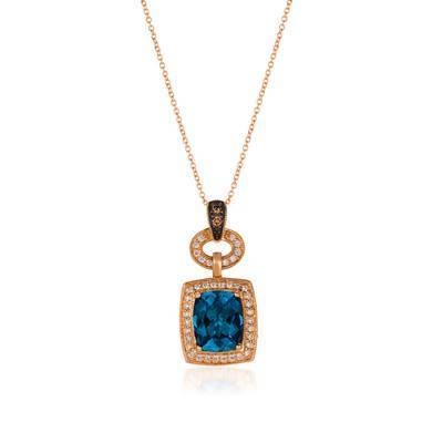 LeVian 14K Strawberry Gold® Deep Sea Blue Topaz 3 ct Pendant with Chocolate Diamonds® 1/20 cttw and Vanilla Diamonds® 1/4 cttw