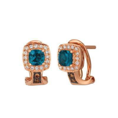 LeVian 14K Strawberry Gold® Deep Sea Blue Topaz 5/8 cttw Earrings with Chocolate Diamonds® 1/20 cttw and Vanilla Diamonds® 1/8 cttw