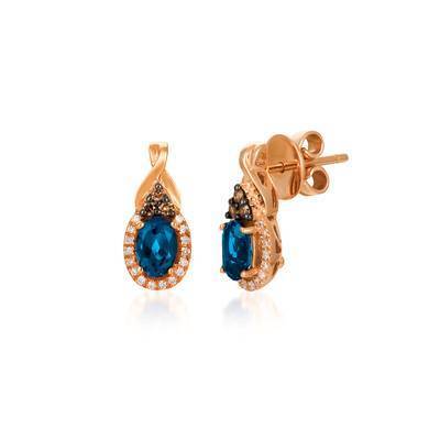 LeVian 14K Strawberry Gold® Deep Sea Blue Topaz 1 cttw Earrings with Chocolate Diamonds® 1/15 cttw and Vanilla Diamonds® 1/10 cttw