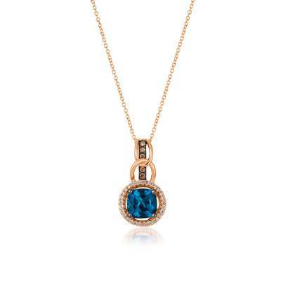 LeVian 14K Strawberry Gold® Deep Sea Blue Topaz 1 1/2 cttw Pendant with Chocolate Diamonds® 1/20 cttw and Vanilla Diamonds® 1/10 cttw