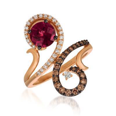 LeVian 14K Strawberry Gold® 1 1/5 ct Raspberry Rhodolite® Ring with Vanilla Diamonds® 1/5 cttw and Chocolate Diamonds® 1/3 cttw
