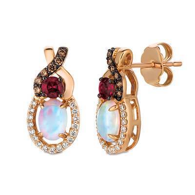14K Strawberry Gold® Neopolitan Opal Raspberry Rhodolite® Earrings with Chocolate Diamonds® and Vanilla Diamonds®
