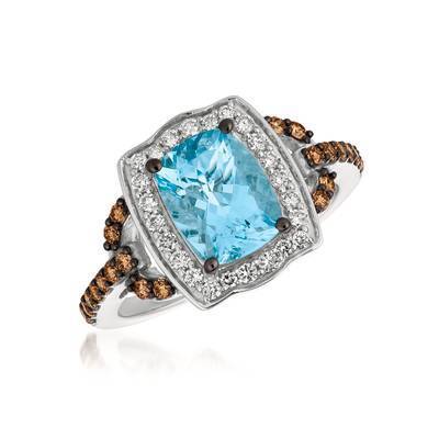 LeVian 14K Vanilla Gold® 1 5/8ct Sea Blue Aquamarine® Ring with Chocolate Diamonds® 1/3 cttw, Vanilla Diamonds® 1/4 cttw