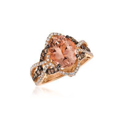 LeVian 14K Strawberry Gold® Peach Morganite 2 1/2 ct Ring with Chocolate Diamonds® 3/8 cttw and Vanilla Diamonds® 1/3 cttw