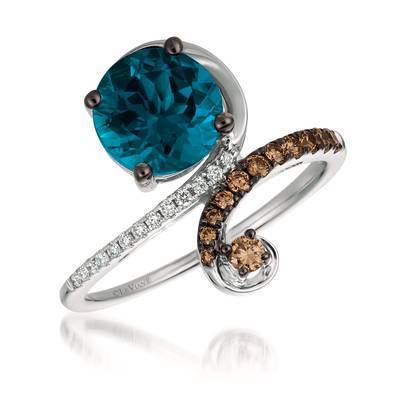 LeVian 14K Vanilla Gold® 2ct Deep Sea Blue Topaz Ring with Chocolate Diamonds® 1/5 cttw, Vanilla Diamonds® 1/20 cttw